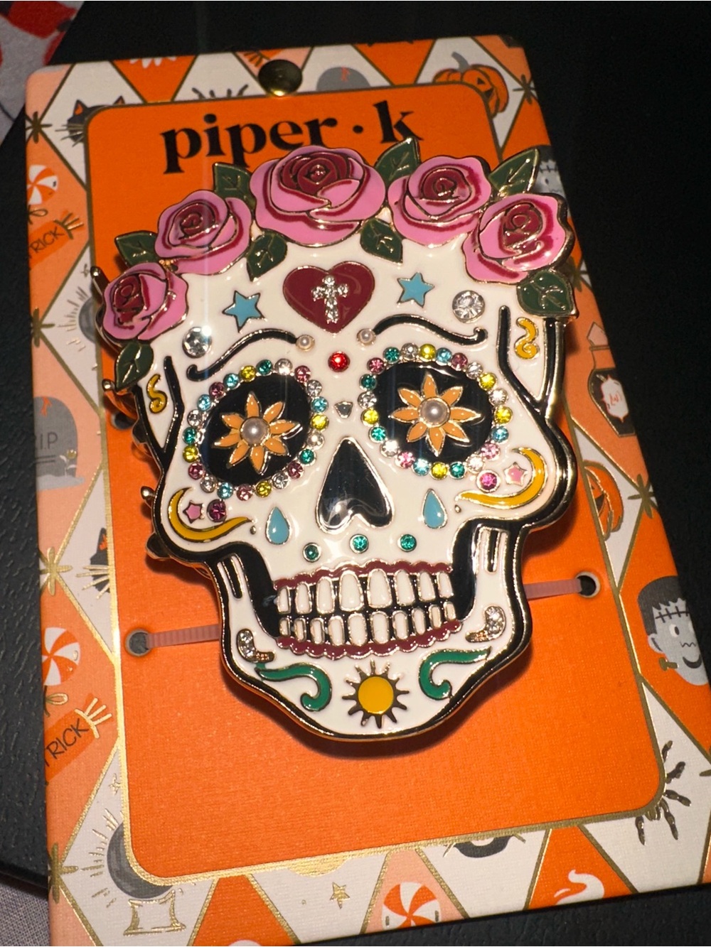 NWT Piper.k Sugar Skull hair claw clip with Pink Rose crystals Halloween
